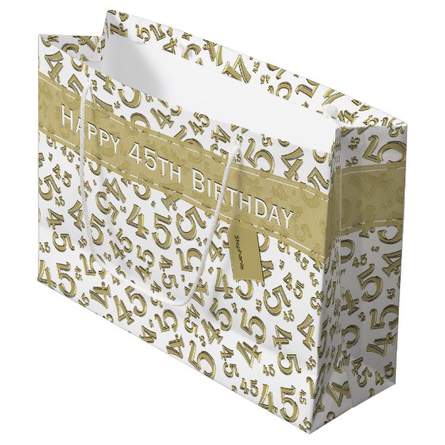 Happy 45th Birthday Number Pattern Gold/White Large Gift Bag (Front Angled)