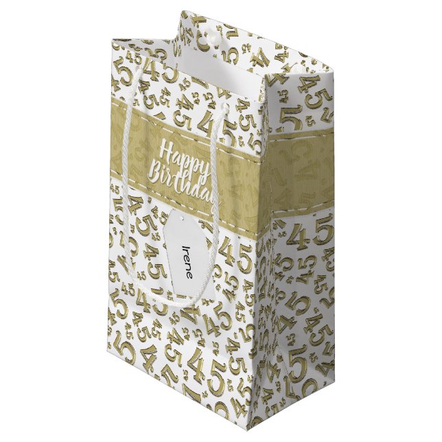 Happy 45th Birthday Number Pattern Gold/White Small Gift Bag (Front Angled)