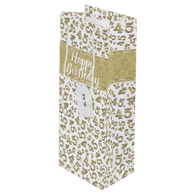 Happy 45th Birthday Number Pattern Gold/White Wine Gift Bag (Front Angled)