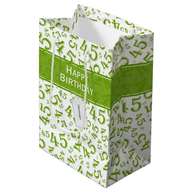 Happy 45th Birthday Number Pattern Green/White Medium Gift Bag (Front Angled)