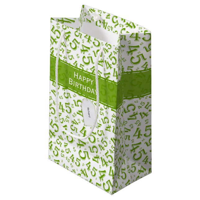 Happy 45th Birthday Number Pattern Green/White Small Gift Bag (Front Angled)