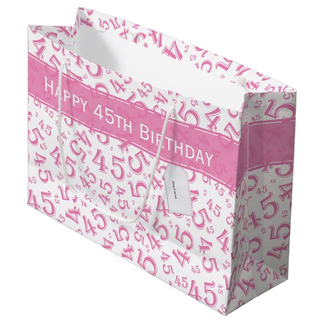 Happy 45th Birthday Number Pattern Pink/White Large Gift Bag (Front Angled)