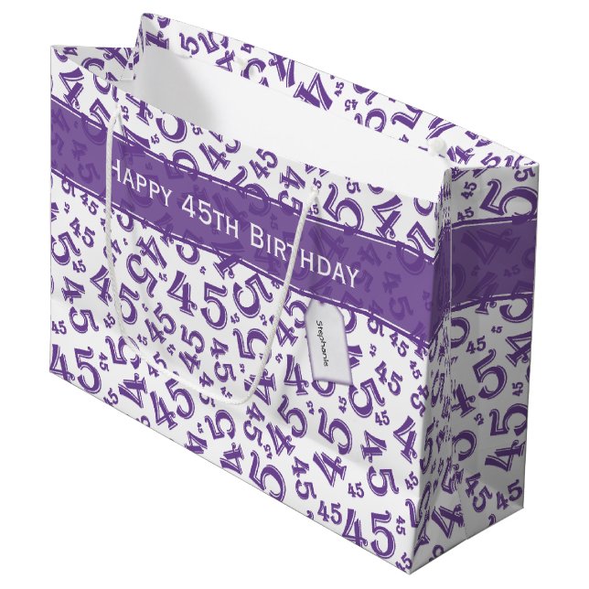 Happy 45th Birthday Number Pattern Purple/White Large Gift Bag (Front Angled)