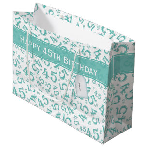 Happy 45th Birthday Number Pattern Teal/White Large Gift Bag