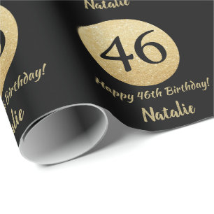 Happy 46th Birthday Black and Gold Glitter Wrapping Paper