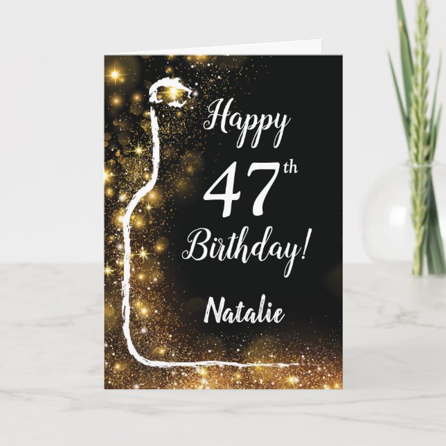 Happy 47th Birthday Black and Gold Glitter Wine Card (Front)