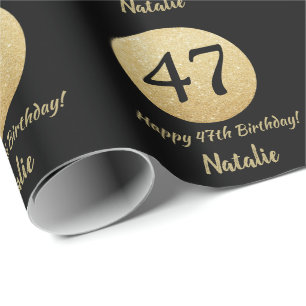 Happy 47th Birthday Black and Gold Glitter Wrapping Paper