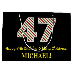 Happy 47th Birthday & Merry Christmas, Custom Name Large Gift Bag