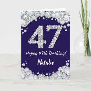 Happy 47th Birthday Navy Blue and Silver Glitter Card