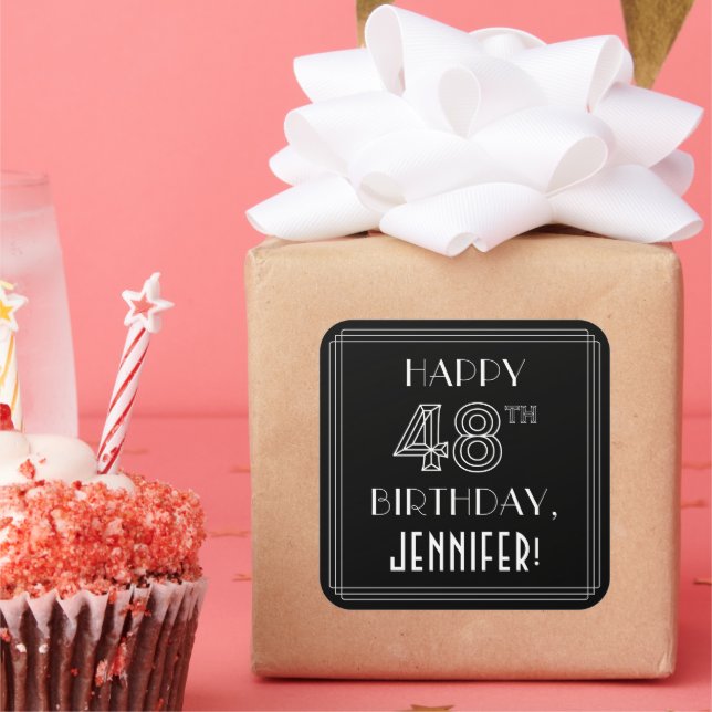 HAPPY 48TH BIRTHDAY; Art Deco Style; Custom Name Square Sticker (Party)