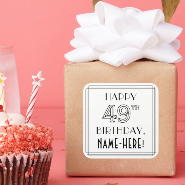HAPPY 49TH BIRTHDAY, Art Deco Style, Custom Name Square Sticker (Party)