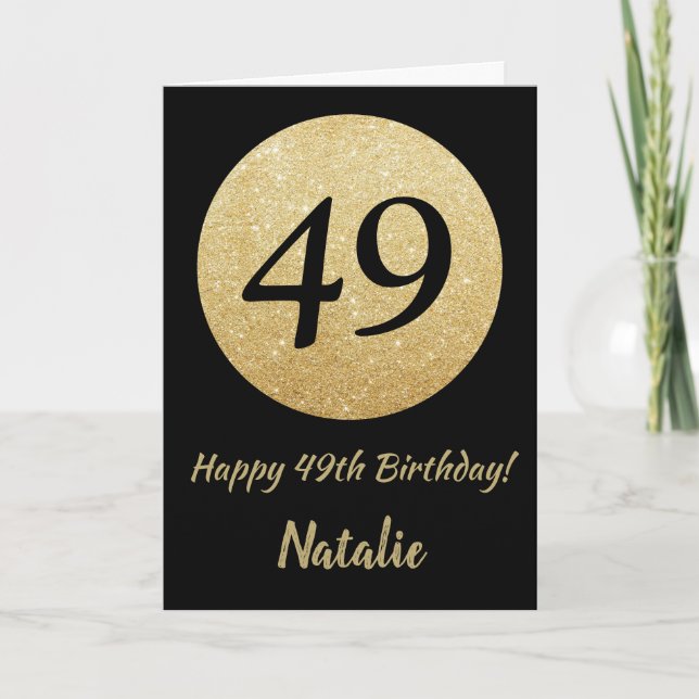 Happy 49th Birthday Black and Gold Glitter Card (Front)