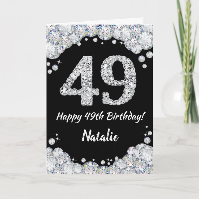 Happy 49th Birthday Black and Silver Glitter Card (Front)