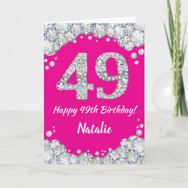 Happy 49th Birthday Hot Pink and Silver Glitter Card (Front)
