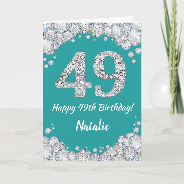 Happy 49th Birthday Teal and Silver Glitter Card (Front)