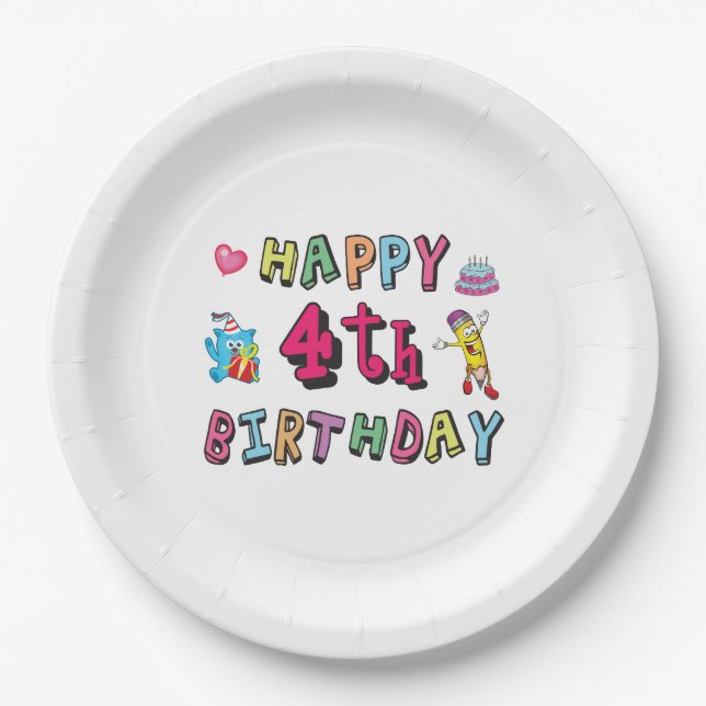 Happy 4th Birthday. 4 year b-day. Paper Plate (Front)