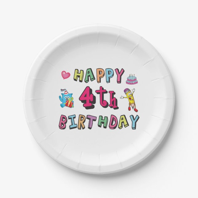 Happy 4th Birthday. 4 year b-day. Paper Plate (Front)