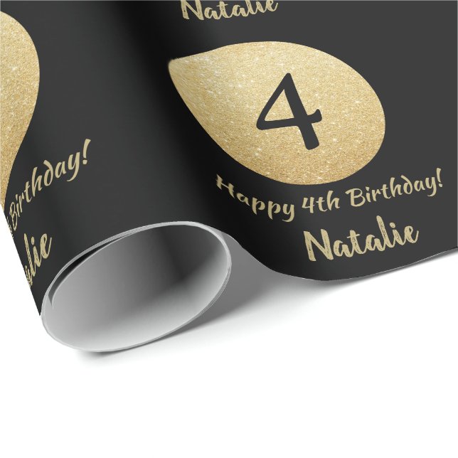 Happy 4th Birthday Black and Gold Glitter Wrapping Paper (Roll Corner)