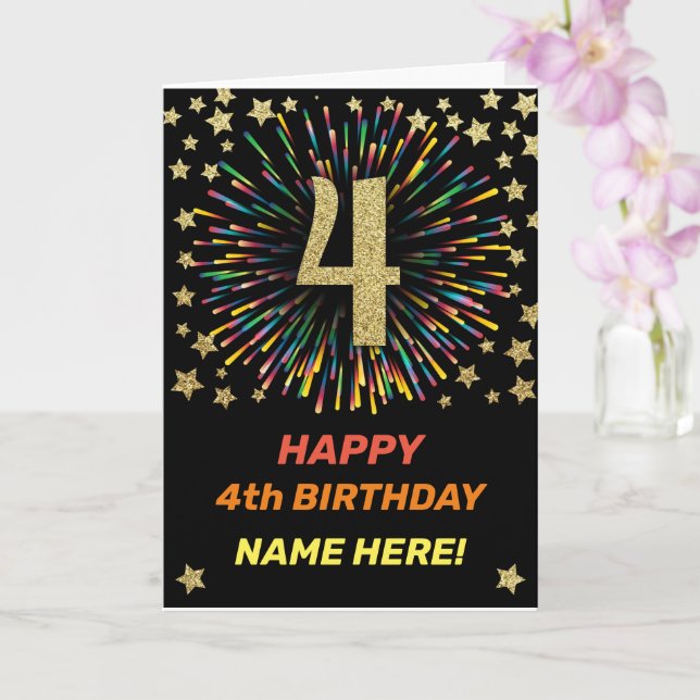 Happy 4th Birthday Black & Gold Rainbow Firework Card (Orchid)