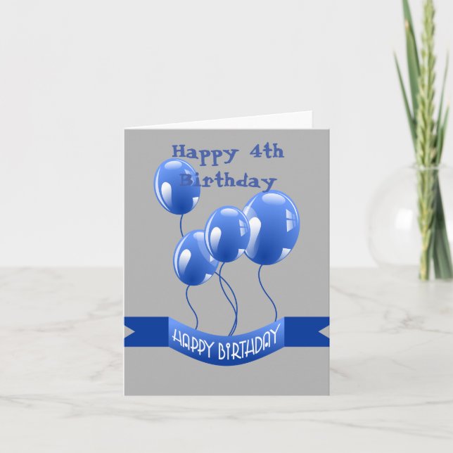 Happy 4th Birthday Blue Balloons Card (Front)