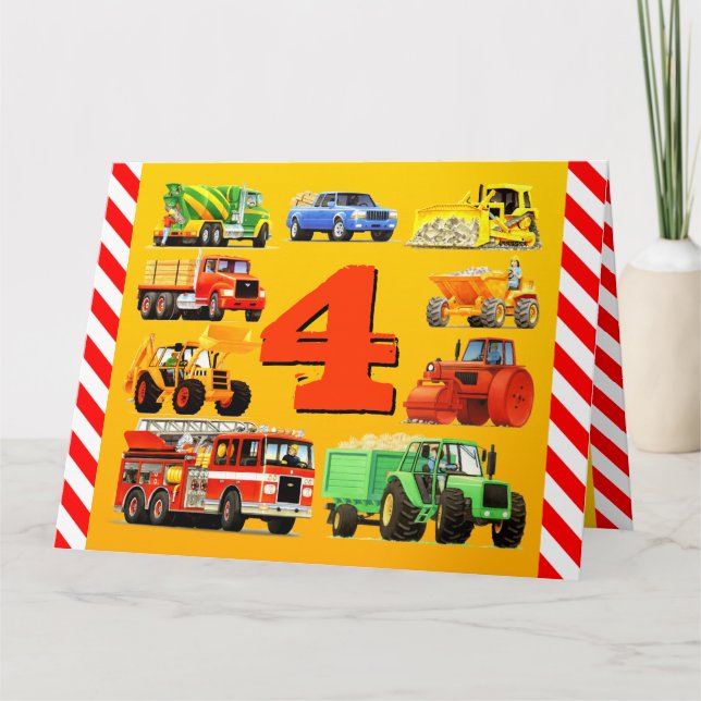 Happy 4th Birthday Construction Trucks Card (Front)