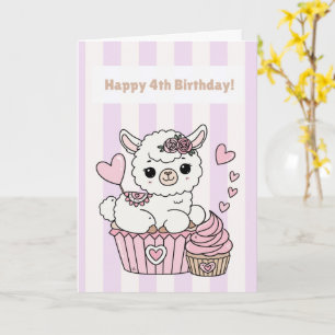 Happy 4th Birthday Cute Llama Girl Card