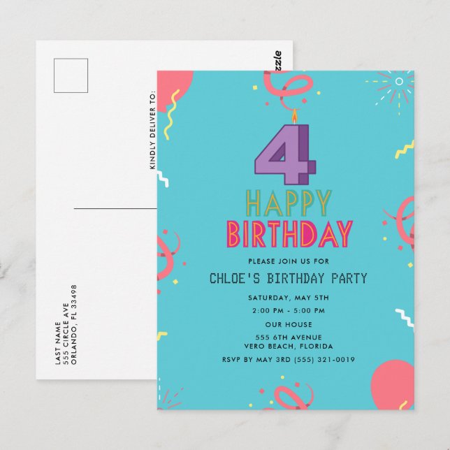 Happy 4th Birthday Kids Party  Postcard (Front/Back)