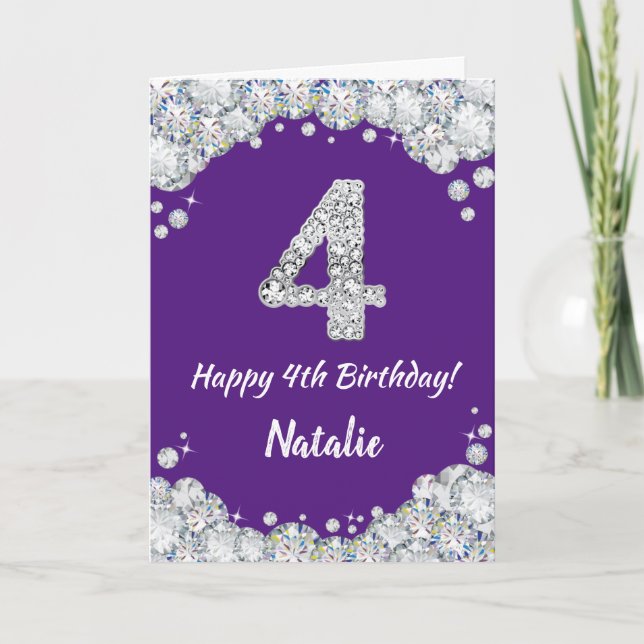 Happy 4th Birthday Purple and Silver Glitter Card (Front)