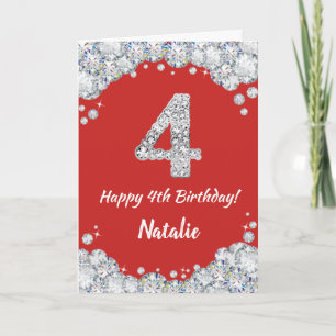 Happy 4th Birthday Red and Silver Glitter Card