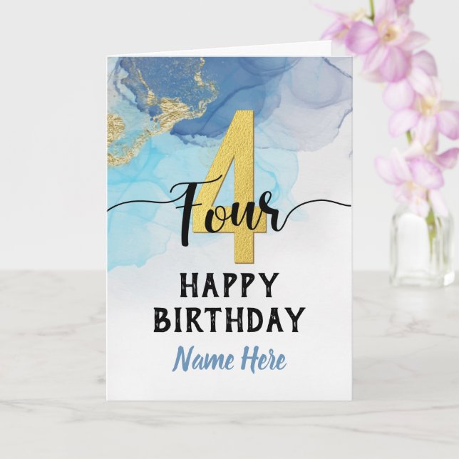 Happy 4th Birthday Watercolor Blue & gold Boy Card (Orchid)
