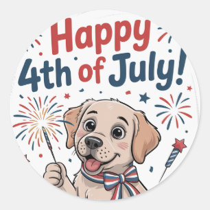 "Happy 4th of July" Adorable Dog Classic Round Sticker