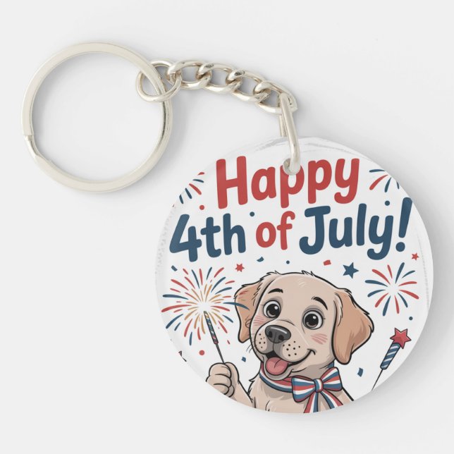 "Happy 4th of July" Adorable Dog  Key Ring (Front)