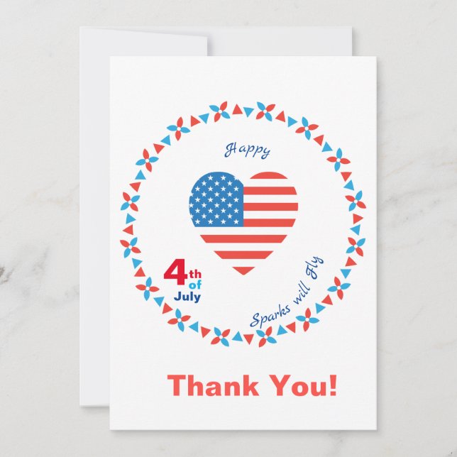 Happy 4th of July America USA Flag Heart Patriotic Thank You Card (Front)
