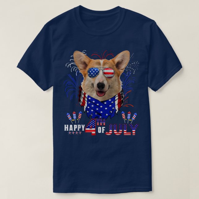 Happy 4th Of July American Flag Corgi Dog Sunglass T-Shirt (Design Front)