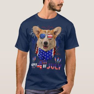 Happy 4th Of July American Flag Corgi Dog Sunglass T-Shirt