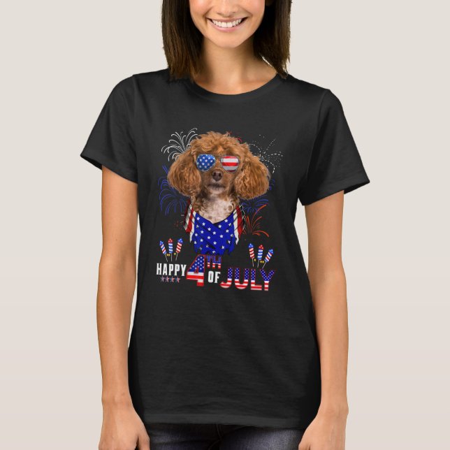 Happy 4th Of July American Flag Poodle Dog Sunglas T-Shirt (Front)