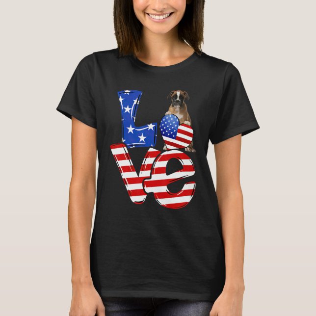 Happy 4th Of July American Love Brown Boxer Dog T-Shirt (Front)