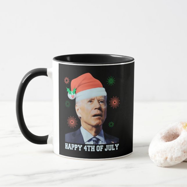 Happy 4th of July Biden Christmas Santa Hat Funny  Mug (With Donut)