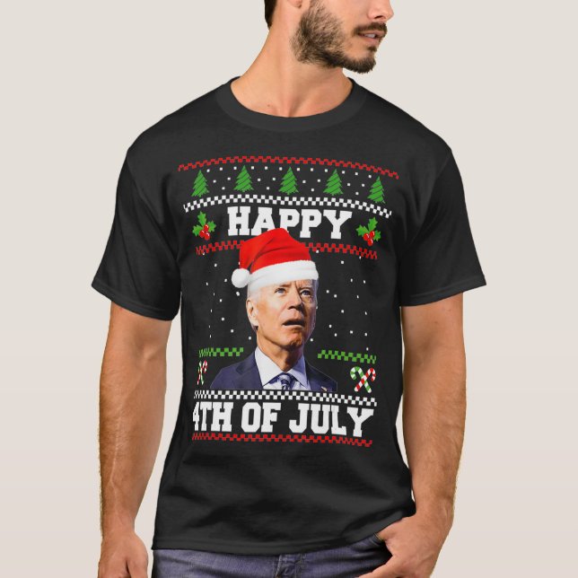 Happy 4th of July Biden Christmas Santa Hat Ugly S T-Shirt (Front)