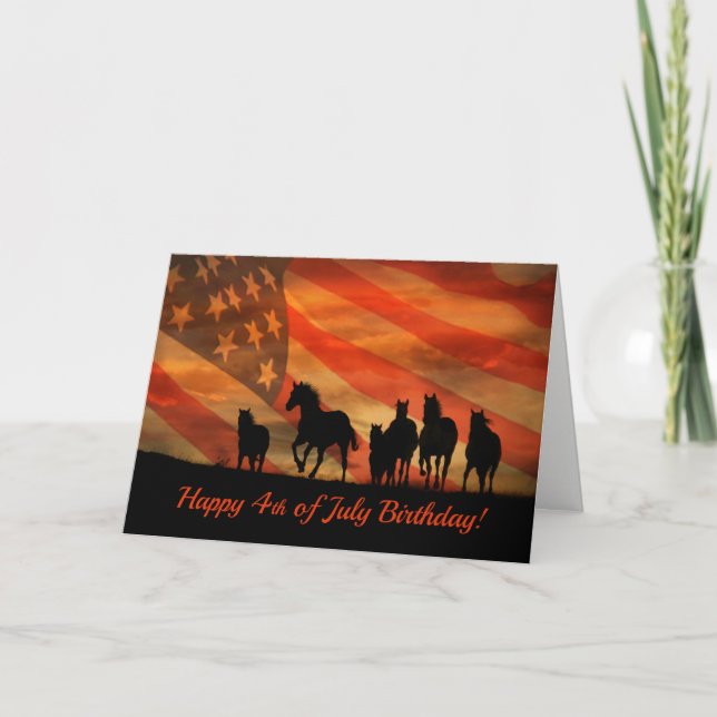 Happy 4th of July Birthday Card Horses and Flag (Front)