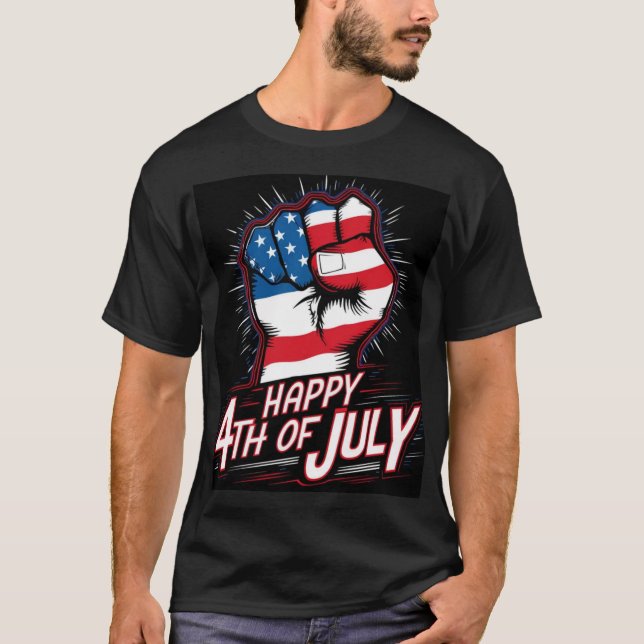  Happy 4th Of July Clenched Fist Patriotic Black T-Shirt (Front)