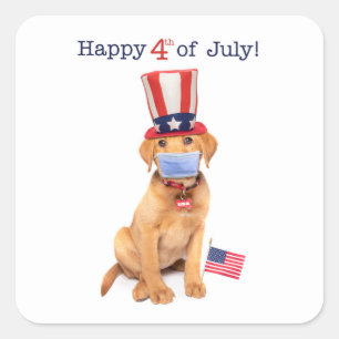 Happy 4th of July Cute Puppy in Face Mask Square Sticker