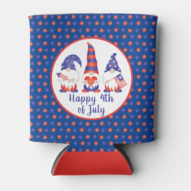 Happy 4th of July Gnomes Red White Blue Can Cooler (Front)