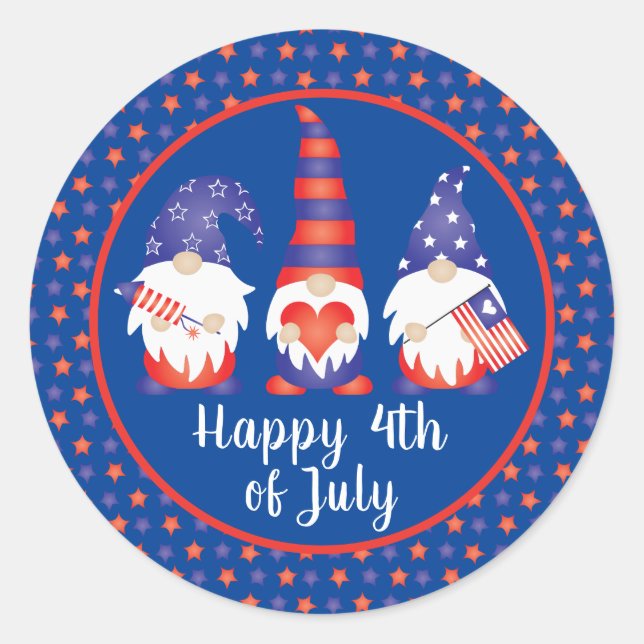Happy 4th of July Gnomes Red White Blue Classic Round Sticker (Front)