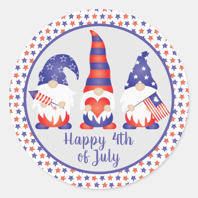 Happy 4th of July Gnomes Red White Blue Classic Round Sticker (Front)