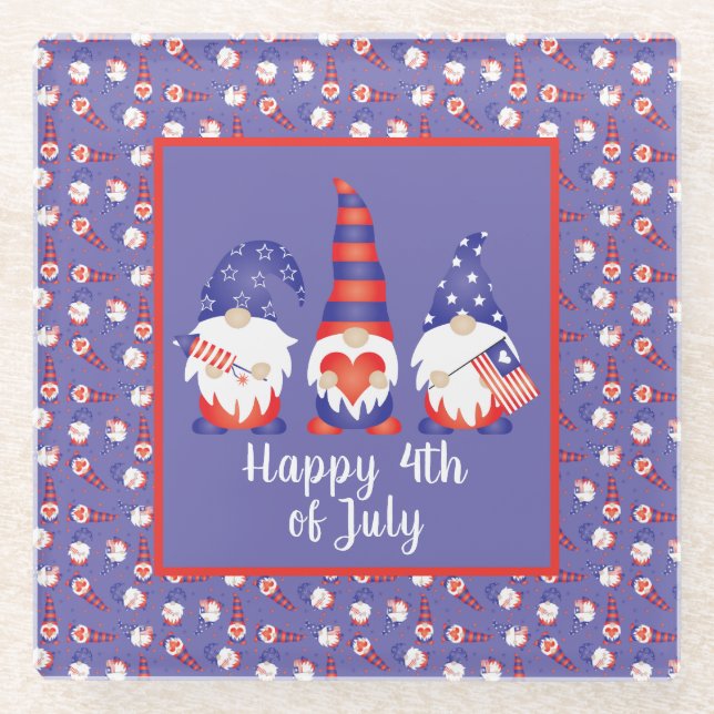 Happy 4th of July Gnomes Red White Blue Glass Coaster (Front)