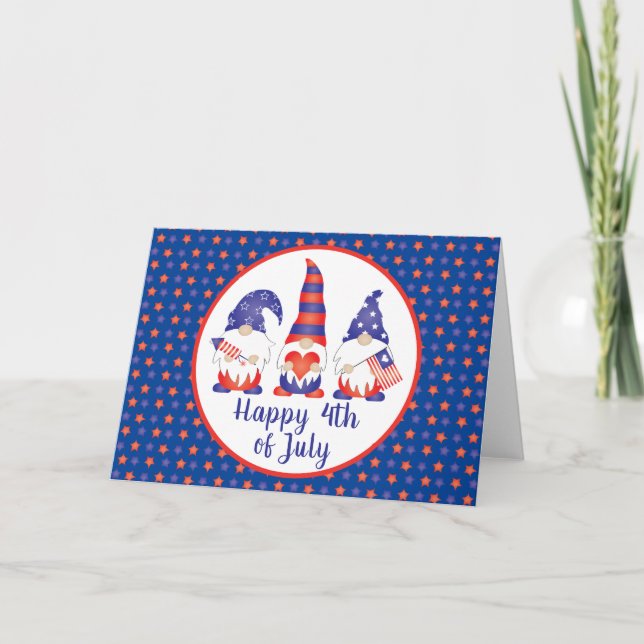Happy 4th of July Gnomes Red White Blue Holiday Card (Front)