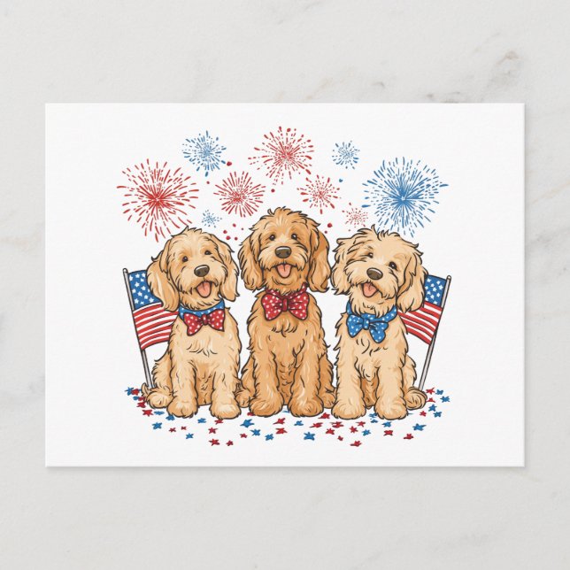 Happy 4th Of July Goldendoodle Dogs Fireworks Postcard (Front)