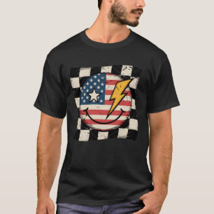 Happy 4Th Of July Groovy Smile Face Flag Chequered T-Shirt