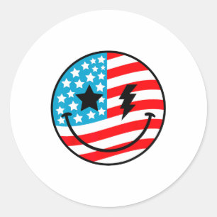 Happy 4th Of July Groovy Smile Face Red White Blue Classic Round Sticker